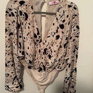 Buddy Love Small Neutral Abstract Draped Bodysuit | Deep V